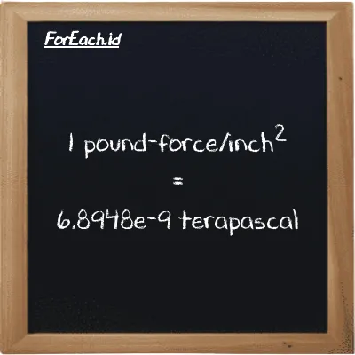 1 pound-force/inch<sup>2</sup> is equivalent to 6.8948e-9 terapascal (1 lbf/in<sup>2</sup> is equivalent to 6.8948e-9 TPa)